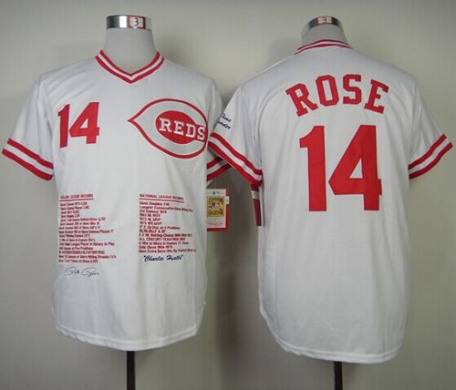 Mitchell And Ness Reds #14 Pete Rose White Commemorative Edition Stitched MLB Jersey - Click Image to Close